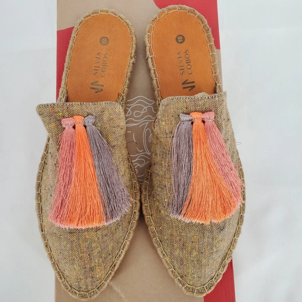 Silvia Cobos Sunrise Mule Camel Espadrille Tassel Slides Size 10 VDL-221-SUN-CAM